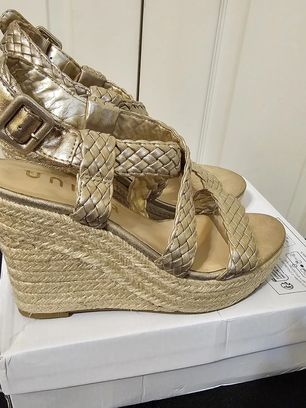 Unisa Gold Braided Slingback Wedge Sandals